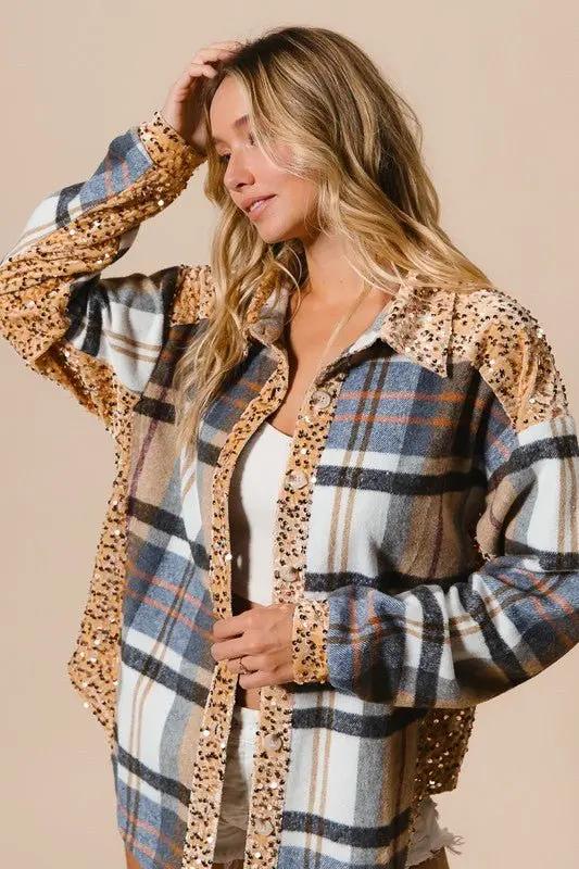 BiBi Curved Hem Sequin Plaid Button Up Shacket for Women - Love Salve
